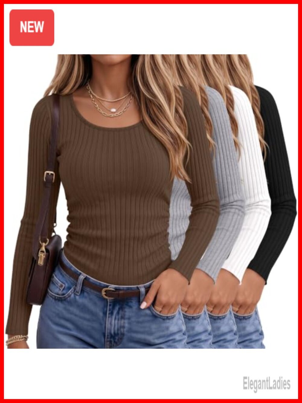Ribbed Long Sleeve T-Shirts Slim Fit Ruched Crew Neck 4-Pack